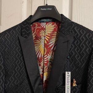 Paisley & Gray Black Textured Evening Blazer with Floral Red and Yellow Lining